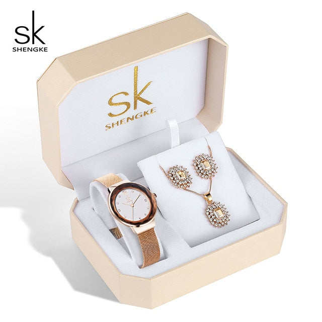 Shengke Rose Gold Watches Women Set Luxury Crystal