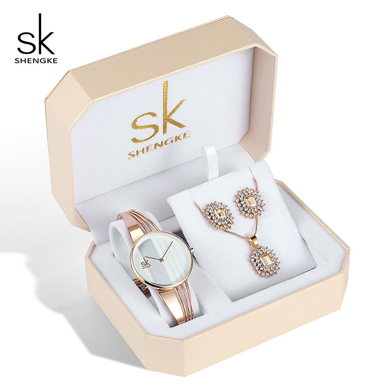Shengke Rose Gold Watches Women Set Luxury Crystal